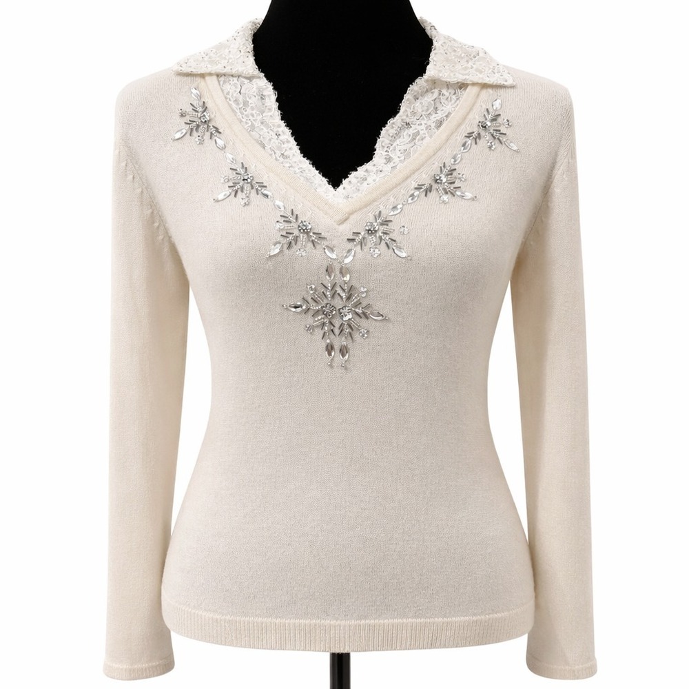 Bloomingdale's‎ Womens V-Neck Jewled Lace Coller Sweater Medium Cream Cashmere